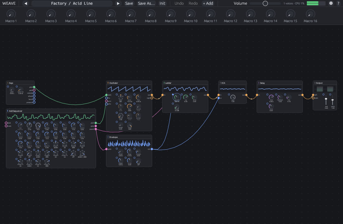 The Acid Line patch: a 16 step sequencer into an oscillator and a ladder filter