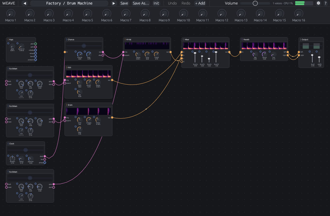 The Drum Machine patch: Euclidean rhythms into kick, snare and hi-hat, with heat maps