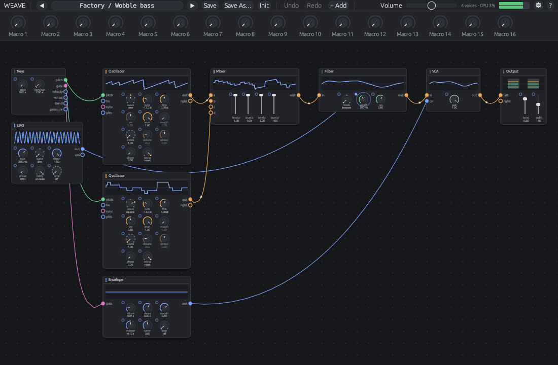 The Weave editor: oscillators, a filter and an envelope joined by cables, with live screens on every module